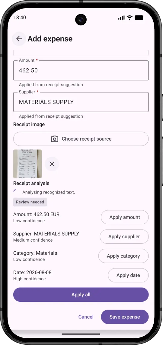 Marginico add expense form with amount, supplier, category, receipt source, and save action.
