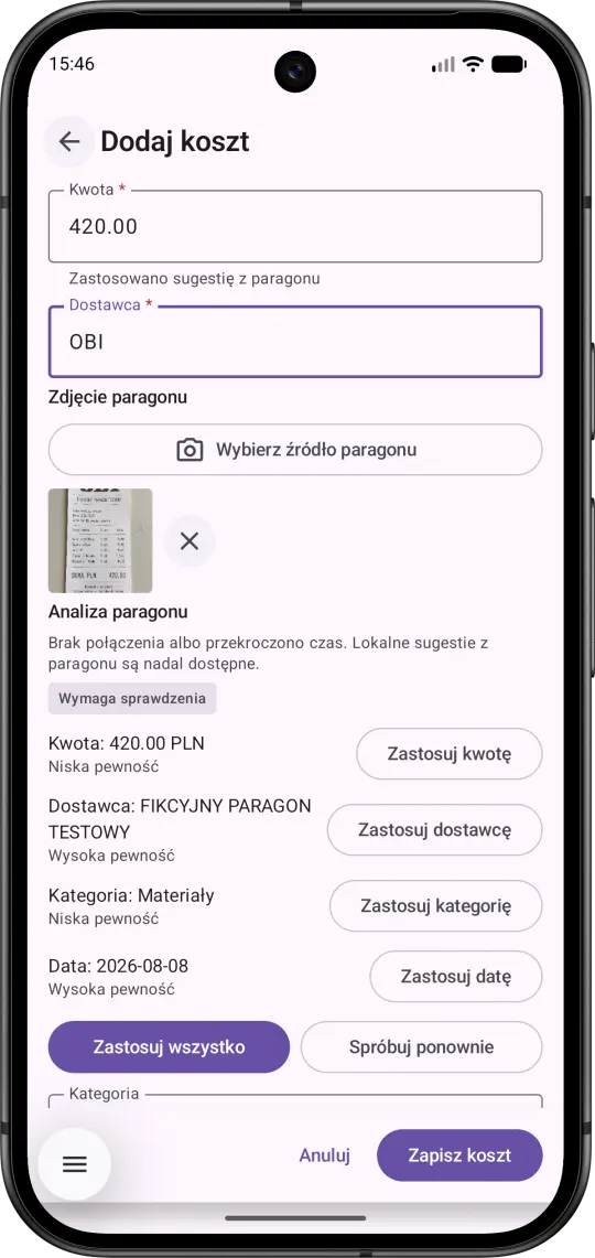 Formularz dodawania kosztu w Marginico z kwotą, dostawcą, kategorią, źródłem paragonu i zapisem.