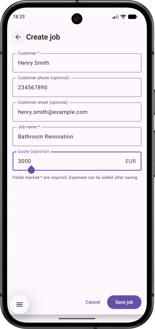 Marginico create job form with fields for customer, contact details, job name, and quote.