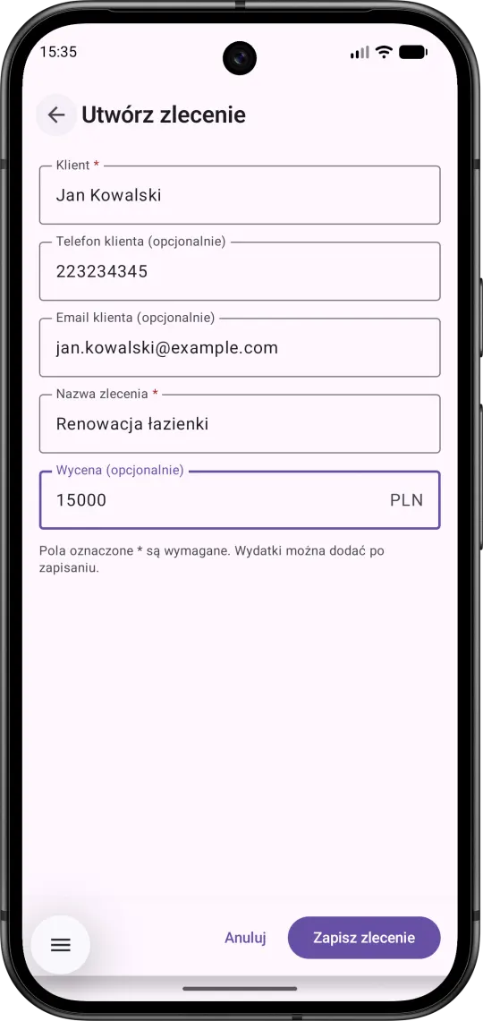 Formularz tworzenia zlecenia w Marginico z polami klienta, kontaktu, nazwy zlecenia i wyceny.