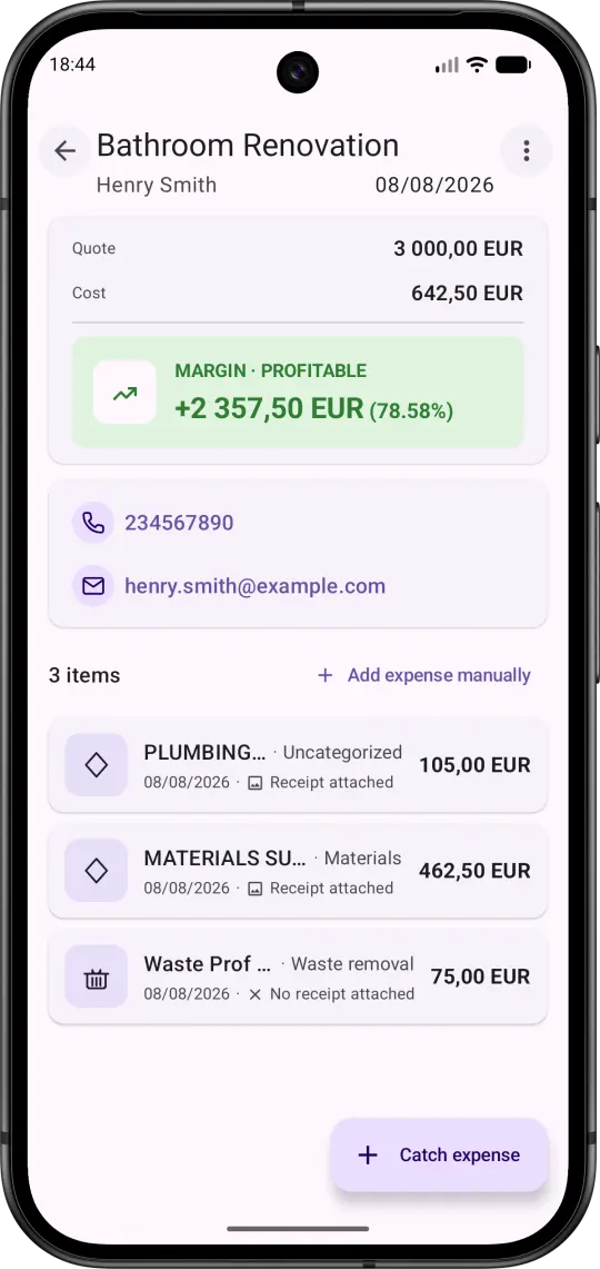 Marginico job detail screen showing quoted value, cost, and profitable margin.