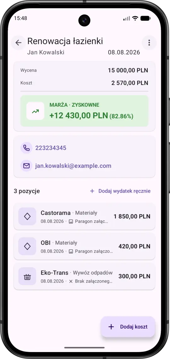 Ekran szczegółów zlecenia Marginico pokazujący wartość, koszt i dodatnią marżę.